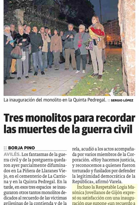 Comunicado de la Logia Jovellanos de Gijón sobre el Monolito de la Quinta Pedregal en Avilés